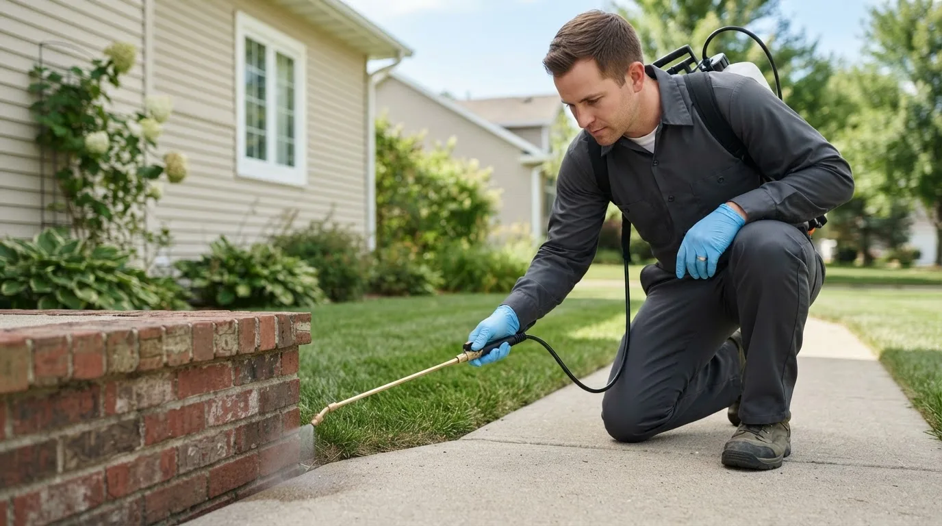Pest control technician treating a home near Lake George, MN