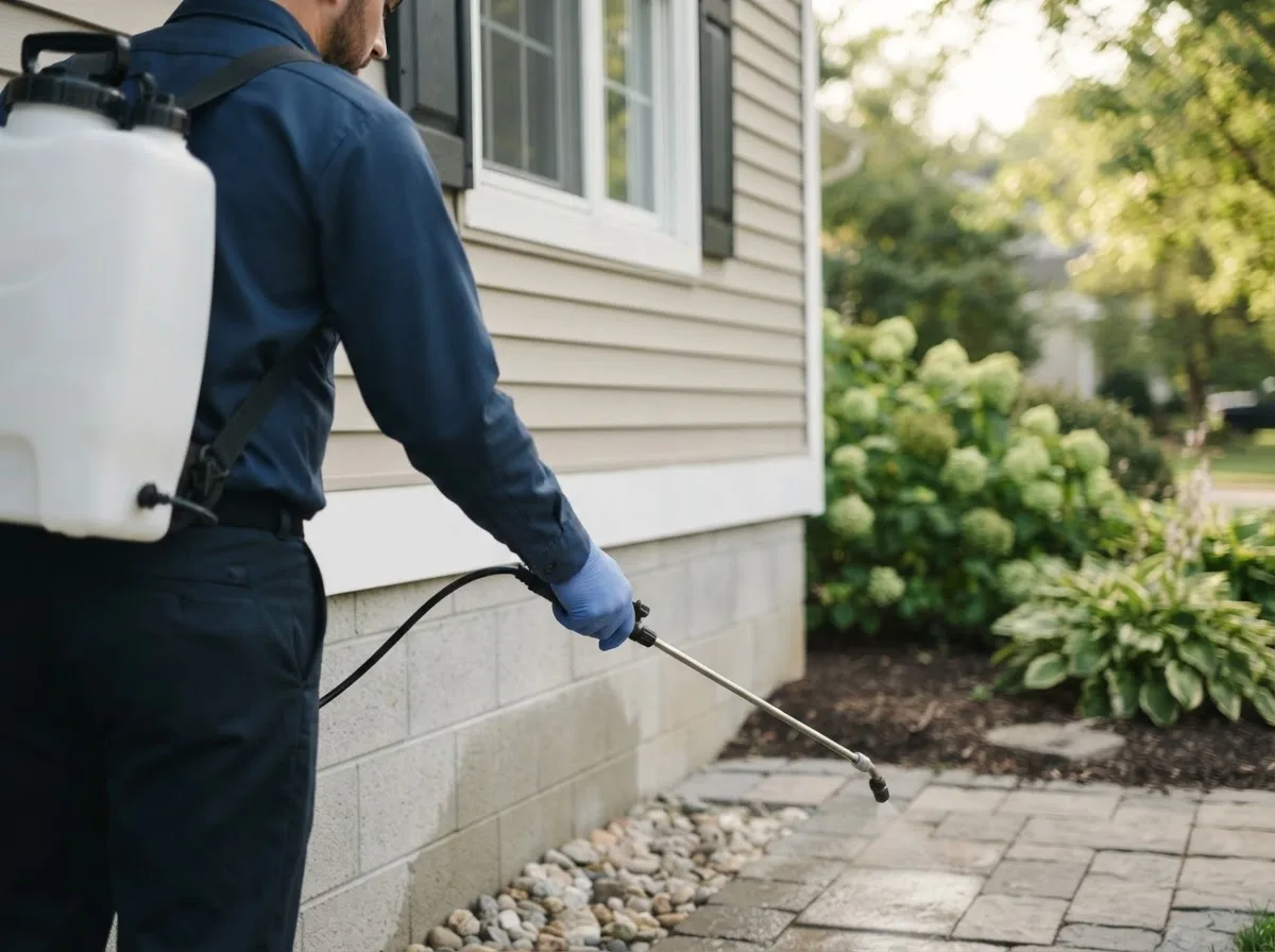 Pest control technician inspecting a home in Lake George, MN